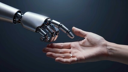 Fototapeta premium Human and robot hands symbolize artificial intelligence, connection, innovation, future technology