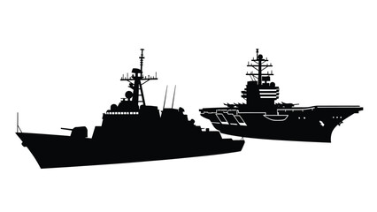 Silhouettes of naval warships including a destroyer and aircraft carrier © msunny93