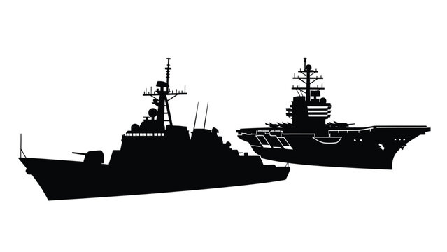 Silhouettes of naval warships including a destroyer and aircraft carrier