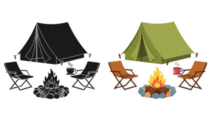 Camping scene with a tent chairs campfire and contrasting color schemes