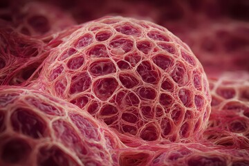 A spherical cluster of interconnected cells is shown in a close-up microscopic view.