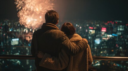 Obraz premium Romantic Couple Watching Fireworks Display Over City Skyline at Night