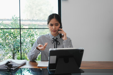 Overjoyed businesswoman happy for successful work.