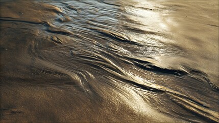 Texture of wet sand with natural water flow patterns on a beach at sunset, showing detailed erosion marks and stream lines on the shore.