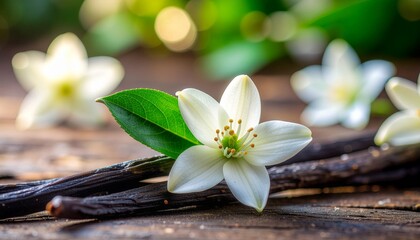 Fototapeta premium Vanilla Flowers on Wooden Surface