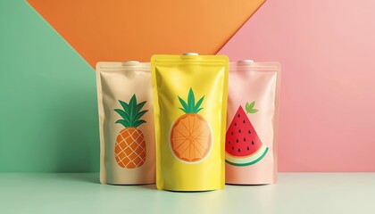 Three resealable pouches with fruit graphics display new drink packaging ideas. Stand on bright surface against pastel background. Pouches feature pineapple, watermelon designs, suitable for juice