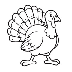 Obraz premium A charming black and white illustration depicts a cartoon turkey with a fully fanned tail showcasing its plumage