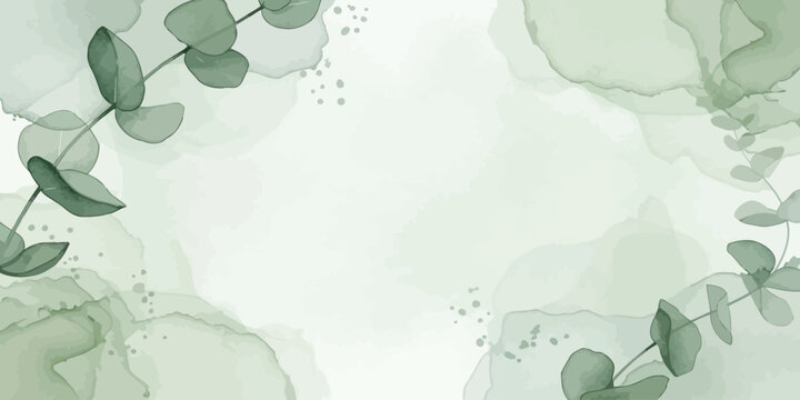 Watercolor background with sage green eucalyptus leaves and organic ink texture border