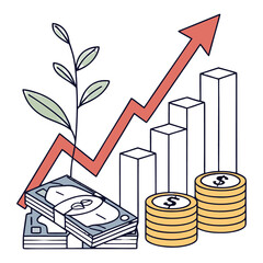 Financial growth and investment concept with rising bar chart and stacked coins flat vector