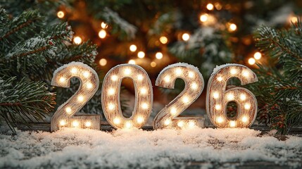 Festive 2026 New Year's Decoration with Snowy Pine Branches and Warm Lights