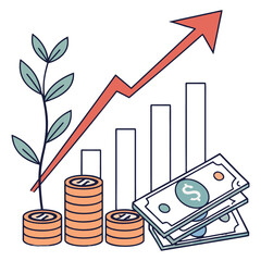 Financial growth and investment concept with rising bar chart and stacked coins flat vector