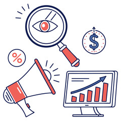 Digital marketing and SEO analytics strategy with magnifying glass and data flat vector