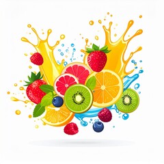 Vibrant Explosion of Fresh Fruits and Juice Splashes, A Burst of Natural Flavors and Healthy Refreshment
