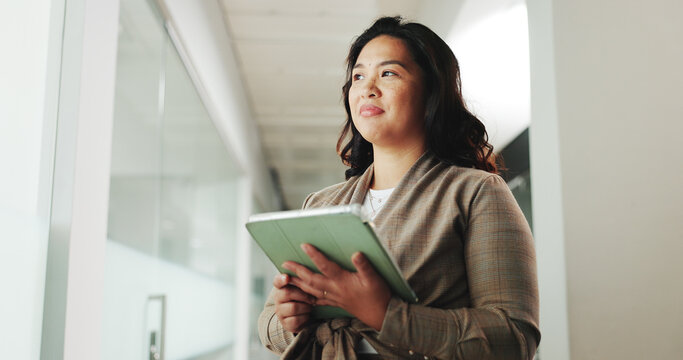 Thinking, woman and research with tablet, office and online for brand awareness on social media app. Reflection, person and schedule post on website, digital marketing and ad campaign and low angle