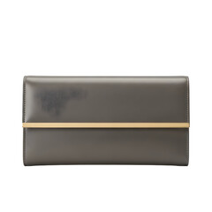 Taupe patent leather clutch purse with gold bar hardware on transparent background