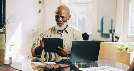 Hairdresser, salon owner and black man on tablet for online inventory, appointment and schedule. Hair stylist, barber and mature person on tech for planning, calendar and website for client booking