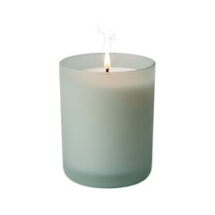 Lit scented candle in a frosted pale green glass jar on transparent background