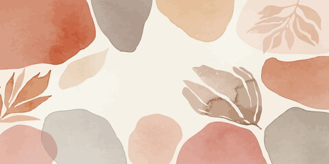 Boho abstract watercolor background with organic earth tone shapes and dried botanical elements for modern minimalist design template