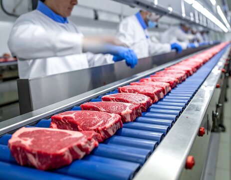Workers on production line processing raw meat, guided by a conveyor belt through a clean, industrial environment