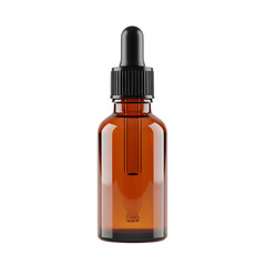 Amber glass dropper bottle with black cap for mockup on transparent background