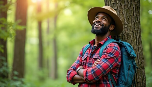 Black man with backpack leans on tree in forest, looks up and smiles. He wears hat and plaid shirt. He is on hiking trip enjoying nature and relaxing. It is autumn season.