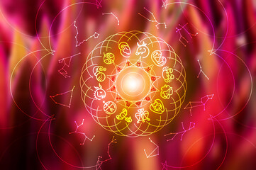 Zodiac signs and astrology with constellations, concepts, predictions, horoscopes, beliefs