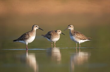 Fototapeta premium Three wood sandpipers stand in shallow water with brown blurred background. One bird faces left another faces right and one is in middle. These birds look for food near shore.