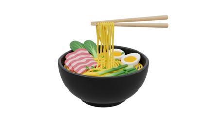A stylized 3d illustration of a bowl of ramen noodles with chopsticks