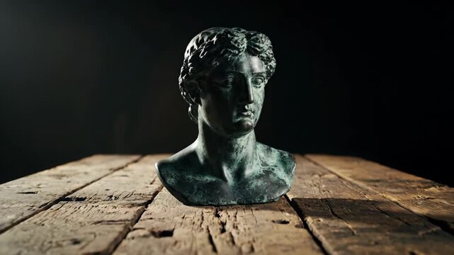 Ancient bust on weathered wooden planks against dark background
