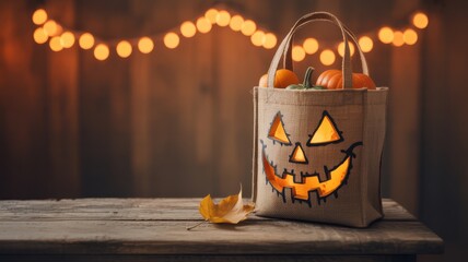 Halloween Bag: An illuminated jack-o'-lantern bag, brimming with miniature pumpkins and autumn foliage, sits atop a weathered wooden table.  Fairy lights glow warmly in the backdrop.