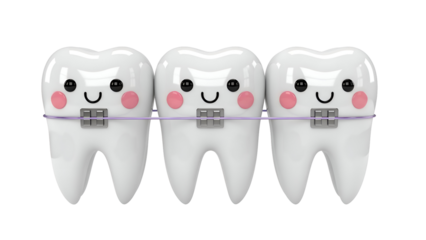 Three happy cartoon teeth characters with braces smiling and looking healthy
