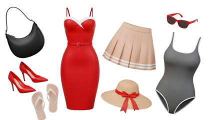 A vibrant collection of women's fashion items and accessories in 3d rendering