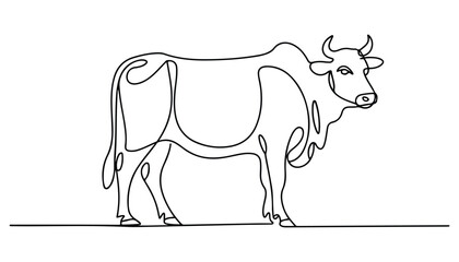 One continuous line illustration of an Indian cow, isolated on white background.