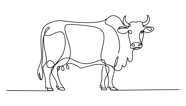 One continuous line illustration of an Indian cow, isolated on white background.