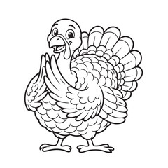 A charming black and white illustration depicts a cartoon turkey with detailed feathers and a cheerful expression
