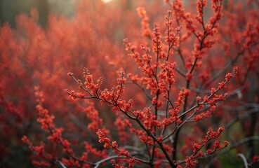 Fiery red shrub branches bloom with small flowers in soft diffused light. Delicate floral clusters create a vibrant background texture. Bush has dark stems with bright red blossoms. A close-up view.