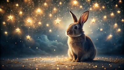 A whimsical brown bunny sits serenely under a night sky adorned with luminous stars, creating a magical and enchanting scene.