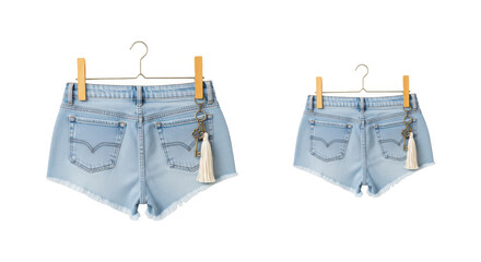 Fashionable light blue denim shorts on hangers isolated on a transparent background