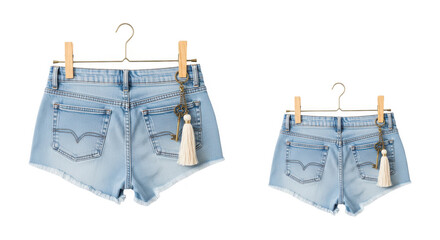 Light blue denim shorts with tassel hanging on clothesline isolated on a transparent background