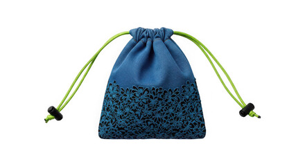 Vibrant blue drawstring bag with green accents isolated on a transparent background