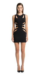 Fototapeta premium Fashion model presents a contemporary black sleeveless mini dress featuring side and waist cutouts isolated on transparent background