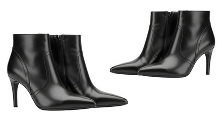 Elegant black leather high heel ankle boots isolated on a transparent background