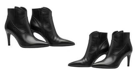 Elegant black leather ankle boots with high heels isolated on a transparent background