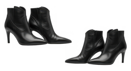 Elegant black leather ankle boots with high heels isolated on a transparent background