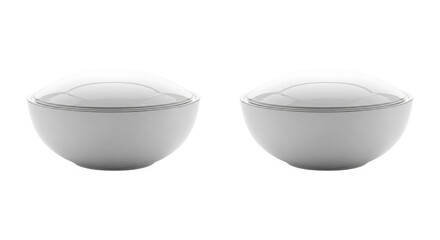 Two white bowls with clear lids isolated on a transparent background