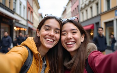 Vertical photo of a group of cheerful students college friends having fun together as they travel European city Happy community of diverse people. Selective focus on the smily couple taking the selfie