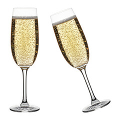 Champagne glasses filled with bubbly golden drink isolated on a transparent background