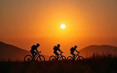 Sunset sky, silhouette and people on bicycle together with adventure, race and exercise in nature. Cycling, fitness and friends with mountain bike in evening for outdoor workout, trip and grass path