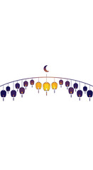 Naklejka premium A beautifully arranged arch of glowing lanterns in warm yellow and deep purple hues, crowned by a serene crescent moon, symbolizing festive Islamic celebrations.