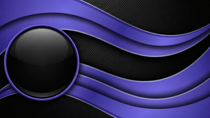 Abstract blue violet wave and black glossy circle on dark perforated metallic texture. Vector background